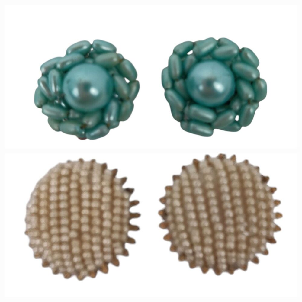 Vtg Faux Pearl Clip On Earrings 1960s Hong Kong Blue White Cluster 2 Sets
